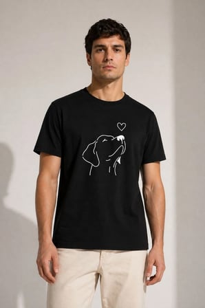 Erkek Köpek Figürlü Minimal Baskılı Tişört Kısa Kol Yazlık T-Shirt - Siyah