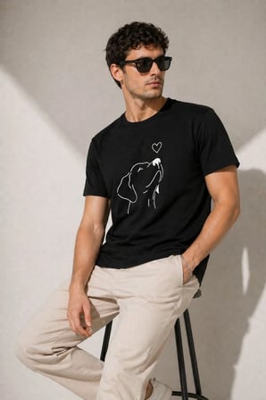Erkek Köpek Figürlü Minimal Baskılı Tişört Kısa Kol Yazlık T-Shirt - Siyah