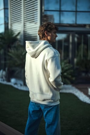 Marsilyan Erkek Sweatshirt Kapüşonlu Beyaz Oversize Fit Uzun Kol 3 İplik