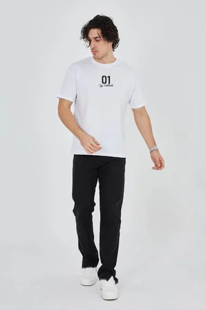 Bisiklet Yakalı Baskılı T-Shirt - Beyaz