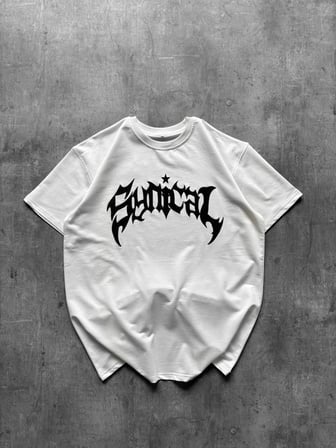 Kadın Kısa Kol Yazlık Tişört Bisiklet Yaka Baskılı Oversize T-Shirt - Beyaz