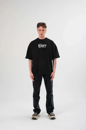 Marsilyan Oversize Tişört Siyah Unisex Penye Bisiklet Yaka Baskılı
