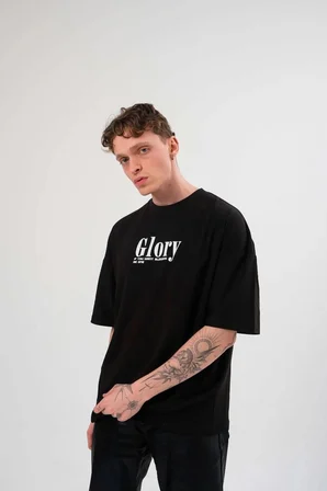 Marsilyan Oversize Tişört Siyah Unisex Penye Bisiklet Yaka Baskılı