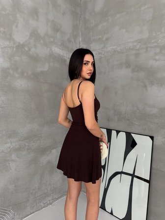 Kadın Askılı Şifon Mini Elbise Drapeli Bel Vücuda Oturan Yazlık Şık - Kahverengi