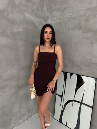 Kadın Askılı Şifon Mini Elbise Drapeli Bel Vücuda Oturan Yazlık Şık - Kahverengi