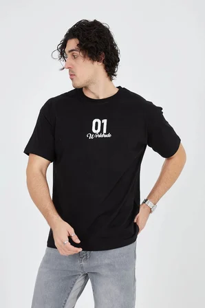 Bisiklet Yakalı Baskılı T-Shirt - Siyah