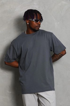 Erkek Düz Yazlık Kısa Kol Tişört Bisiklet Yaka Oversize T-Shirt - Füme