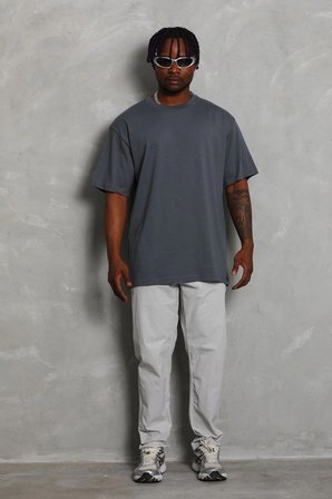 Erkek Düz Yazlık Kısa Kol Tişört Bisiklet Yaka Oversize T-Shirt - Füme