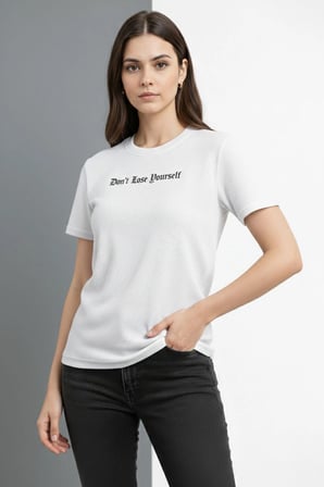 Kadın Wafıl Kumaş Tişört Regular Kalıp Bisiklet Yaka Baskılı T-Shirt - Beyaz