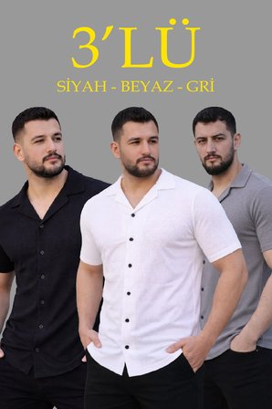 Erkek Waffle Kumaş Yazlık Yakalı Kısa Kol Düğmeli Gömlek 3’lü Set Siyah-Beyaz-Gri