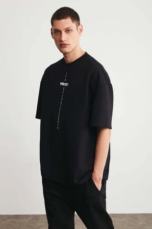 Erkek Baskılı T-Shirt Kısa Kol Bisiklet Yaka Regular Fit Rahat Kalıp Tişört - Siyah