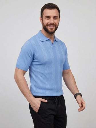 Erkek Yazlık Triko Dokuma Tişört Kısa Kol Polo Yaka T-Shirt - Bebek Mavisi
