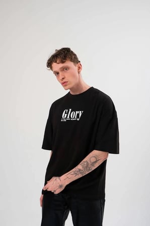 Bisiklet Yaka Baskılı Oversize T-Shirt - Siyah