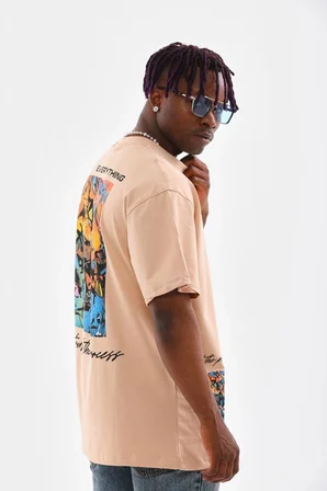 Bisiklet Yaka Baskılı Oversize T-Shirt - Bej