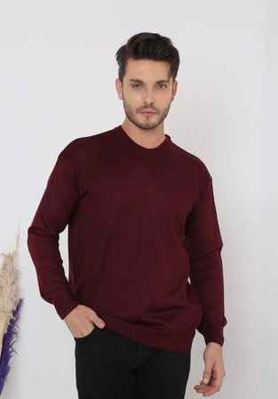 Uzun Kol Biskilet Yaka Dokuma Triko - Bordo