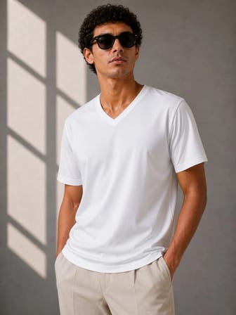Erkek V Yaka Basic Tişört Kısa Kol Yazlık Regular Fit T-Shirt - Beyaz