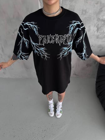 Kadın Bisiklet Yaka Baskılı  Kısa kol Oversize T-Shirt - Siyah