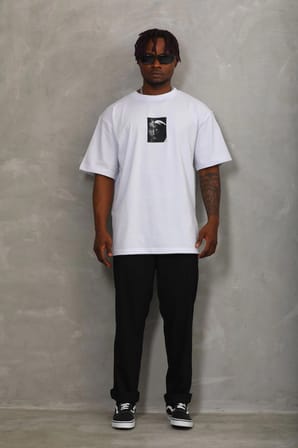 Oversize Baskılı Bisiklet Yaka T-Shirt - Beyaz
