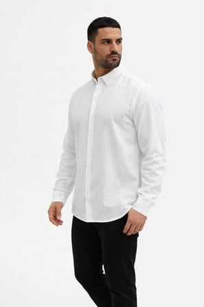 Erkek KETEN Kumaş Uzun Kollu Regular fit Gömlek - Beyaz