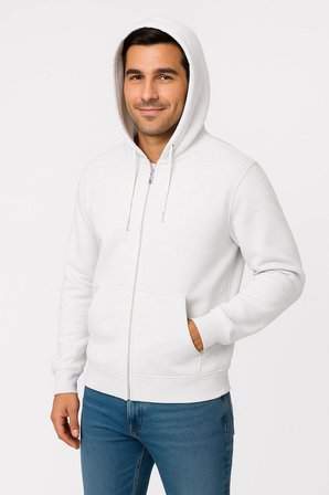 Üç İplik Kapüşonlu Tam Fermuarlı Kanguru Cepli SweatShirt Hoodie - Beyaz