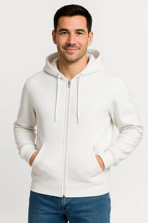 Üç İplik Kapüşonlu Tam Fermuarlı Kanguru Cepli SweatShirt Hoodie - Beyaz