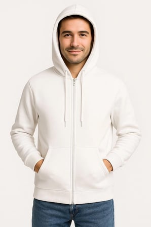 Üç İplik Kapüşonlu Tam Fermuarlı Kanguru Cepli SweatShirt Hoodie - Beyaz