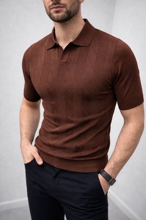 Erkek Yazlık Triko Dokuma Tişört Kısa Kol Polo Yaka T-Shirt - Kahverengi