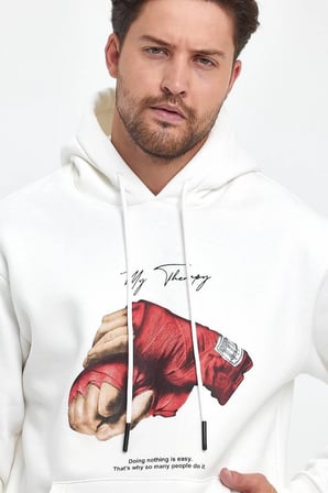 Kapüşonlu Üç İplik Oversize Baskılı Sweatshirt - Beyaz