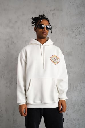 Kilim Desen Kapüşonlu Sweat- Beyaz