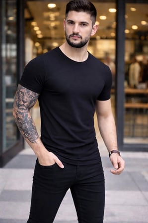 Erkek Body Tişört Bisiklet Yaka Slim Fit Likralı T-Shirt - Siyah