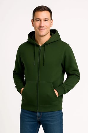 Üç İplik Kapüşonlu Tam Fermuarlı Kanguru Cepli Sweatshirt Hoodie - Haki