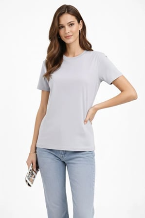 Kadın Bisiklet Yaka Yazlık Kısa kol Düz Tişört Regular Kalıp T-shirt - Gri