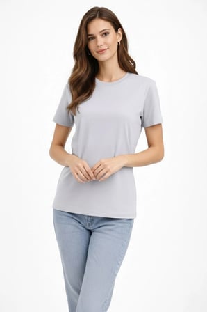 Kadın Bisiklet Yaka Yazlık Kısa kol Düz Tişört Regular Kalıp T-shirt - Gri