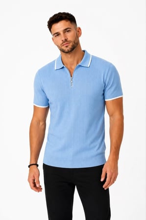 Erkek Fitilli Triko T-shirt Polo Yaka Yarım Fermuarlı Kısa Kollu Tişört - Açık Mavi