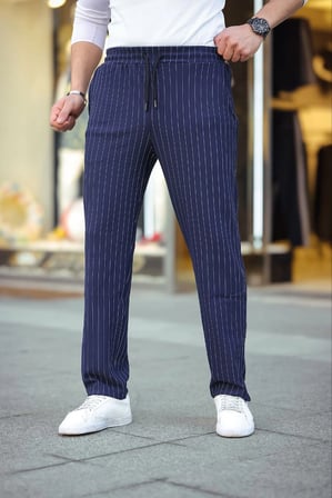Cizgili Dokuma Krep Jogger Buggy Pantalon Rahat kalıp - Lacivert
