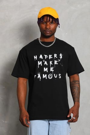 Oversize Baskılı Bisiklet Yaka T-Shirt - Siyah