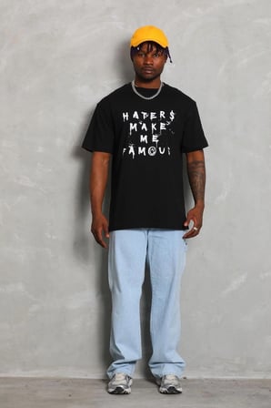 Oversize Baskılı Bisiklet Yaka T-Shirt - Siyah