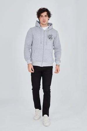 Erkek 3 İplik Pamuklu Fermuarlı Kapüşonlu Kanguru Cepli Baskılı Hoodie Hırka Sweatshirt -Gri