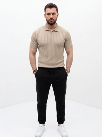 Erkek Yazlık Triko Saç Örgü Tişört Kısa Kol Polo Yaka Fermuarlı T-Shirt - Bej