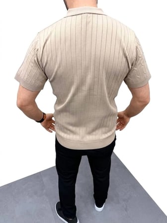 Erkek Yazlık Triko Saç Örgü Tişört Kısa Kol Polo Yaka Fermuarlı T-Shirt - Bej