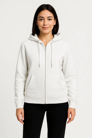 Üç İplik Kapüşonlu Tam Fermuarlı Kanguru Çepli SweatShirt Hoodie - Beyaz