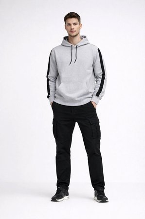 Erkek Şeritli Kapüşonlu Oversize Sweatshirt 3 iplik Pamuklu hoodie - Beyaz