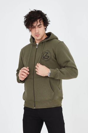 Erkek 3 İplik Pamuklu Fermuarlı Kapüşonlu Kanguru Cepli Baskılı Hoodie Hırka Sweatshirt - Yeşil