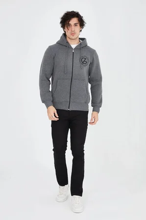 Erkek 3 İplik Pamuklu Fermuarlı Kapüşonlu Kanguru Cepli Baskılı Hoodie Hırka Sweatshirt - Füme