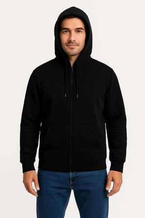 Üç İplik Kapüşonlu Tam Fermuarlı Kanguru Çepli SweatShirt Hoodie - Siyah