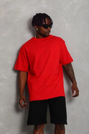 Oversize Düz Bisiklet Yaka T-Shirt - Kırmızı