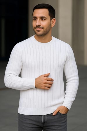 Fitilli Triko Kazak 4’lü Set – Beyaz, haki, bej, Siyah | Kalın Dokuma Pamuklu Regular Fit Bisiklet Yaka Uzun Kollu Kışlık ve Baharlık Rahat Triko Kombini