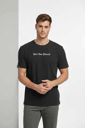 Erkek Wafıl Kumaş Tişört Regular Kalıp Bisiklet Yaka Baskılı T-Shirt - Siyah
