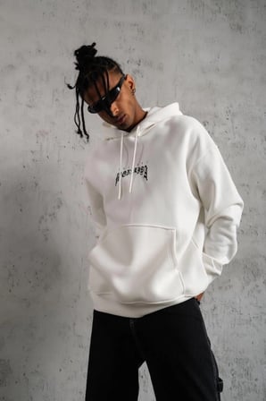 Erkek Baskılı Kapüşonlu ve Kanguru Cepli Sweatshirt hoodie - Beyaz