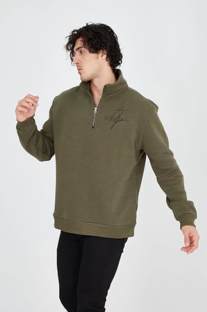 Yarım Fermuarlı Baskılı Sweat - Yeşil